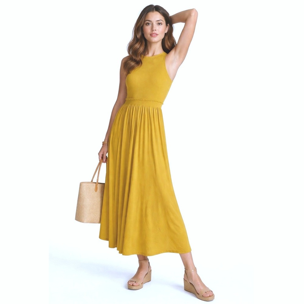 Daily Practice Anthropologie Yellow Ribbed Smocked Summer‎ Maxi Dress XS